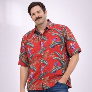 Vintage Paradise Found Hawaiian Aloha Shirt Mens XL Red Parrot Magnum
